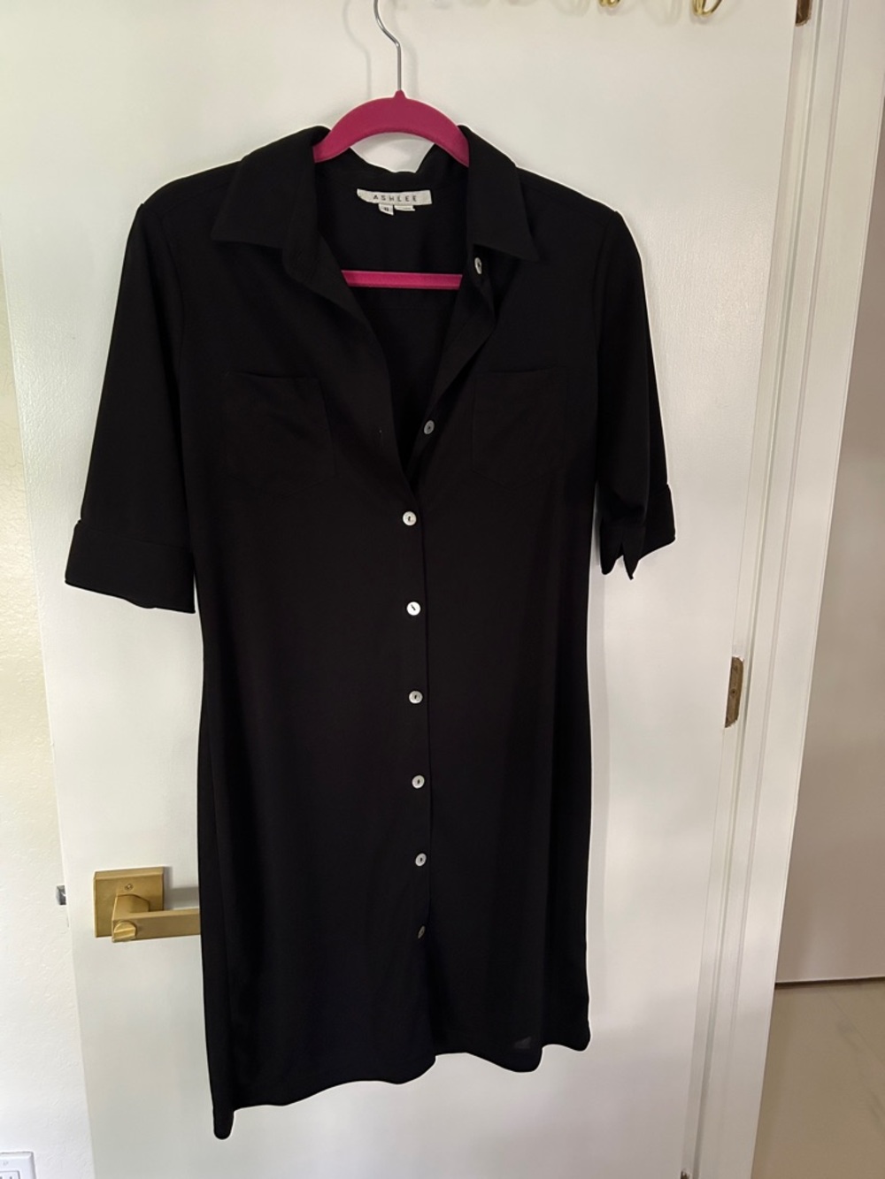 Black Short-Sleeve Button Front Mini Shirt Dress